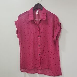Vibrant Pink Notched Collar Cuffed Sleeve Top